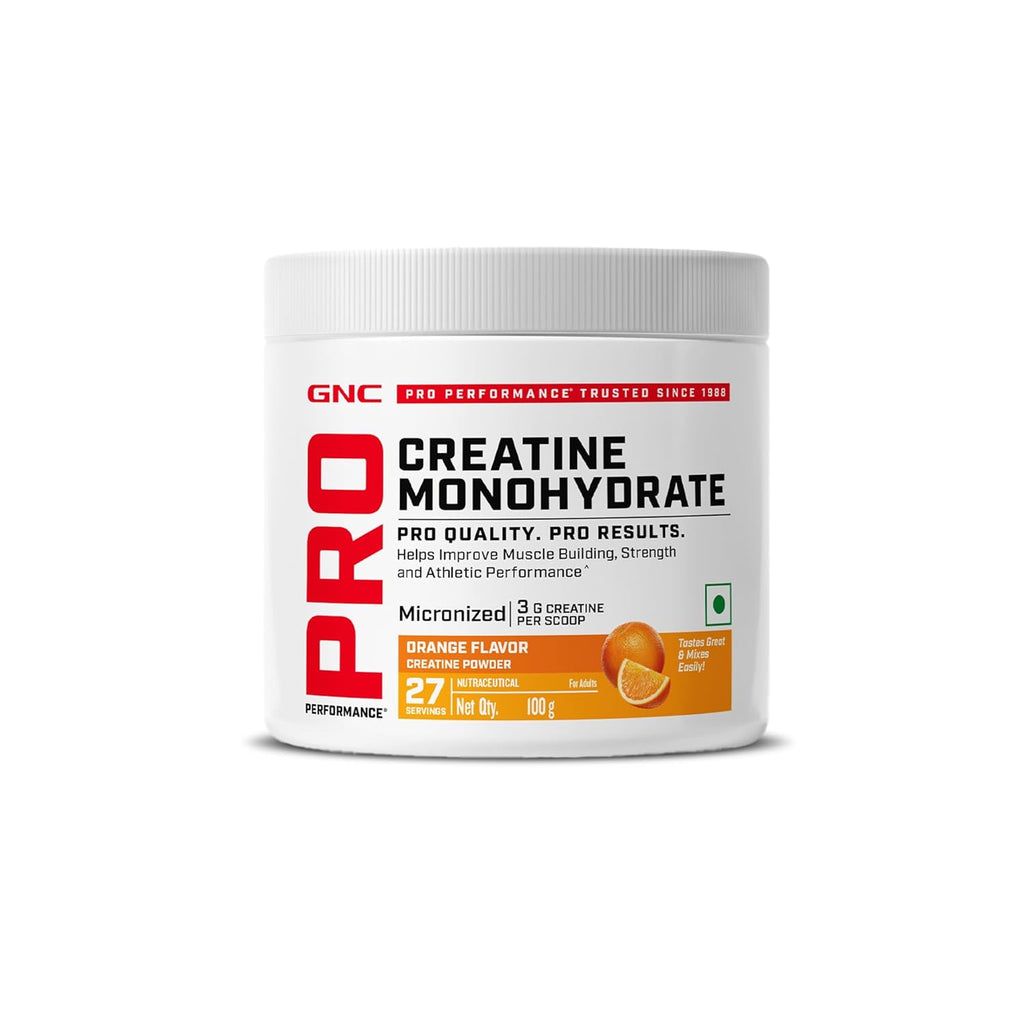 GNC Pro Performance Creatine Monohydrate - 3000mg Creatine Per Scoop | Micronized for Faster Absorption | Boosts Energy, Muscle Volume & Performance | Gluten-Free | Orange | 100gm