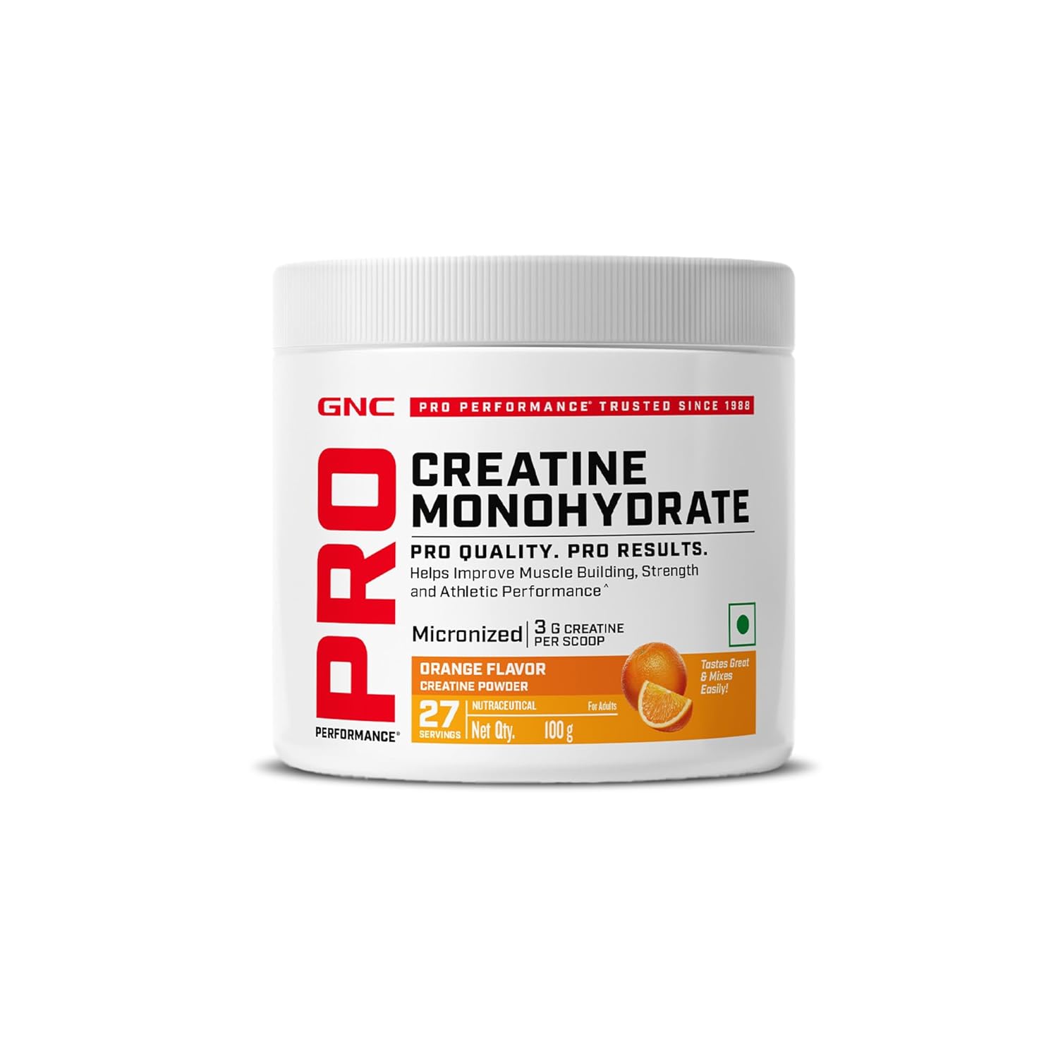 GNC Pro Performance Creatine Monohydrate - 3000mg Creatine Per Scoop | Micronized for Faster Absorption | Boosts Energy, Muscle Volume & Performance | Gluten-Free | Orange | 100gm