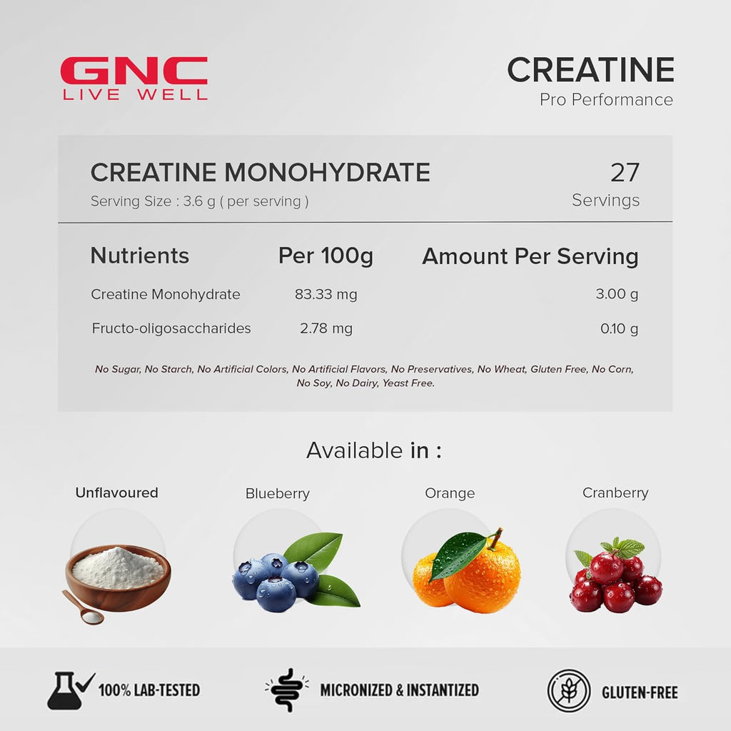 GNC Pro Performance Creatine Monohydrate - 3000mg Creatine Per Scoop | Micronized for Faster Absorption | Boosts Energy, Muscle Volume & Performance | Gluten-Free | Orange | 100gm