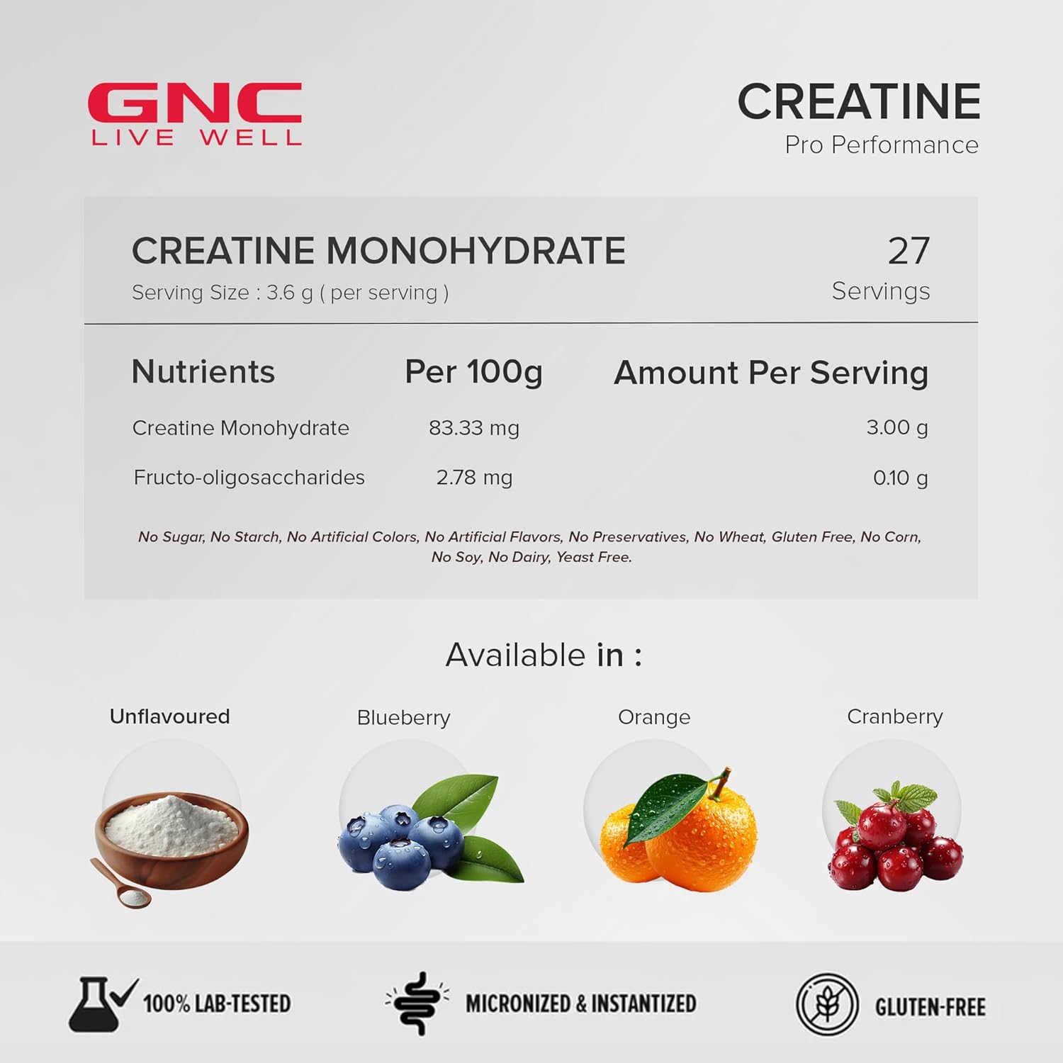 GNC Pro Performance Creatine Monohydrate - 3000mg Creatine Per Scoop | Micronized for Faster Absorption | Boosts Energy, Muscle Volume & Performance | Gluten-Free | Orange | 100gm