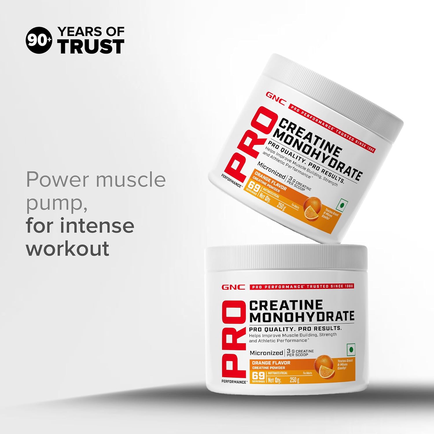 GNC Pro Performance Creatine Monohydrate - 3000mg Creatine Per Scoop | Micronized for Faster Absorption | Boosts Energy, Muscle Volume & Performance | Gluten-Free | Orange | 250gm