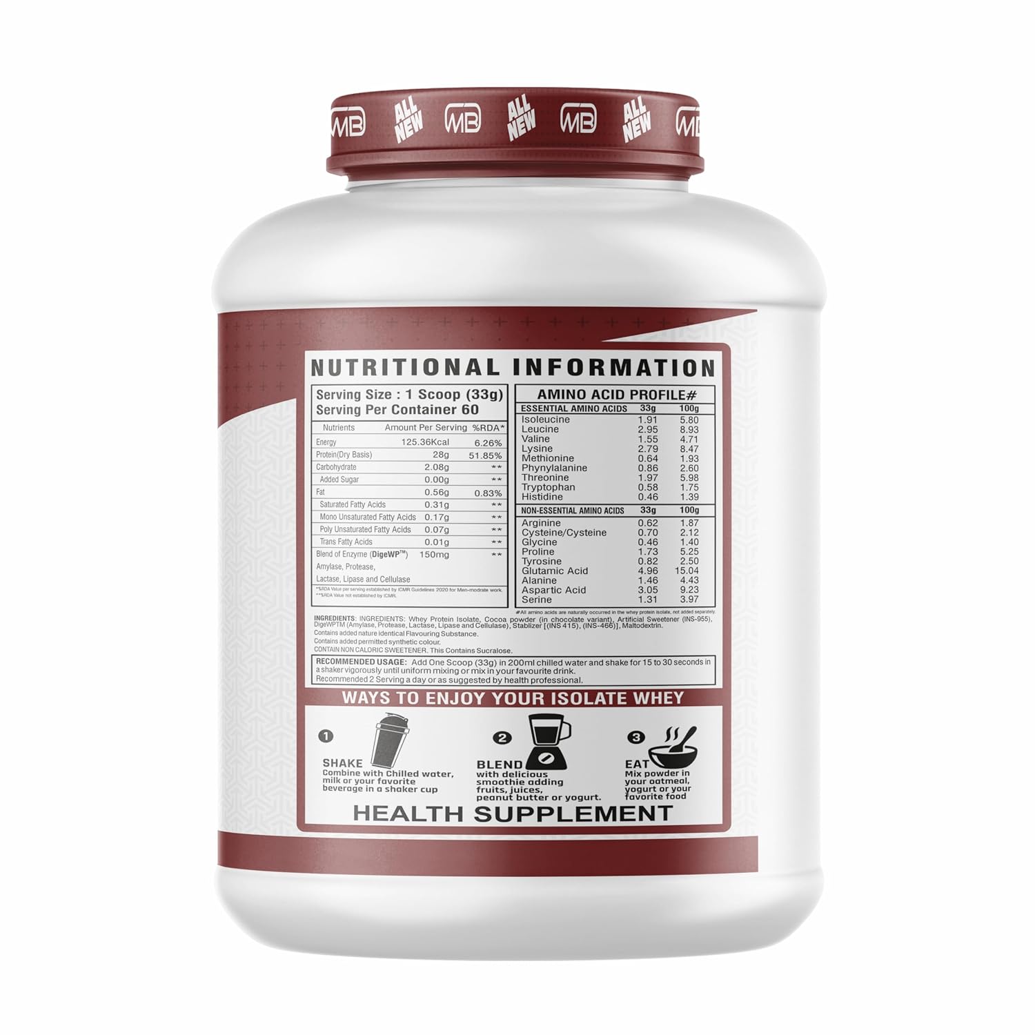 MB Muscle Builder 100% Isolate Whey Protein Powder With High Protein, BCAA And Digestive Enzyme - 4.4Lbs (Chocolate)
