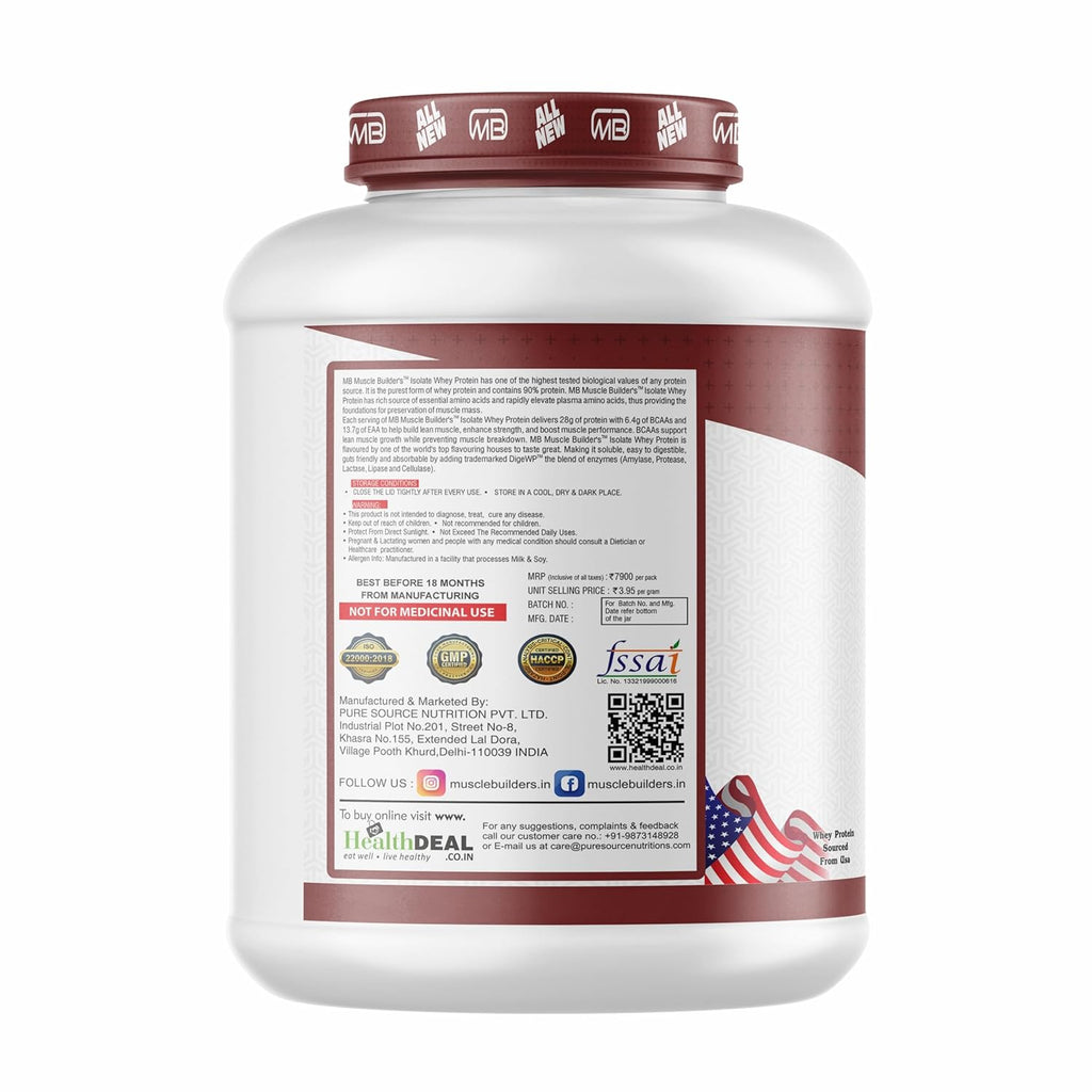 MB Muscle Builder 100% Isolate Whey Protein Powder With High Protein, BCAA And Digestive Enzyme - 4.4Lbs (Chocolate)
