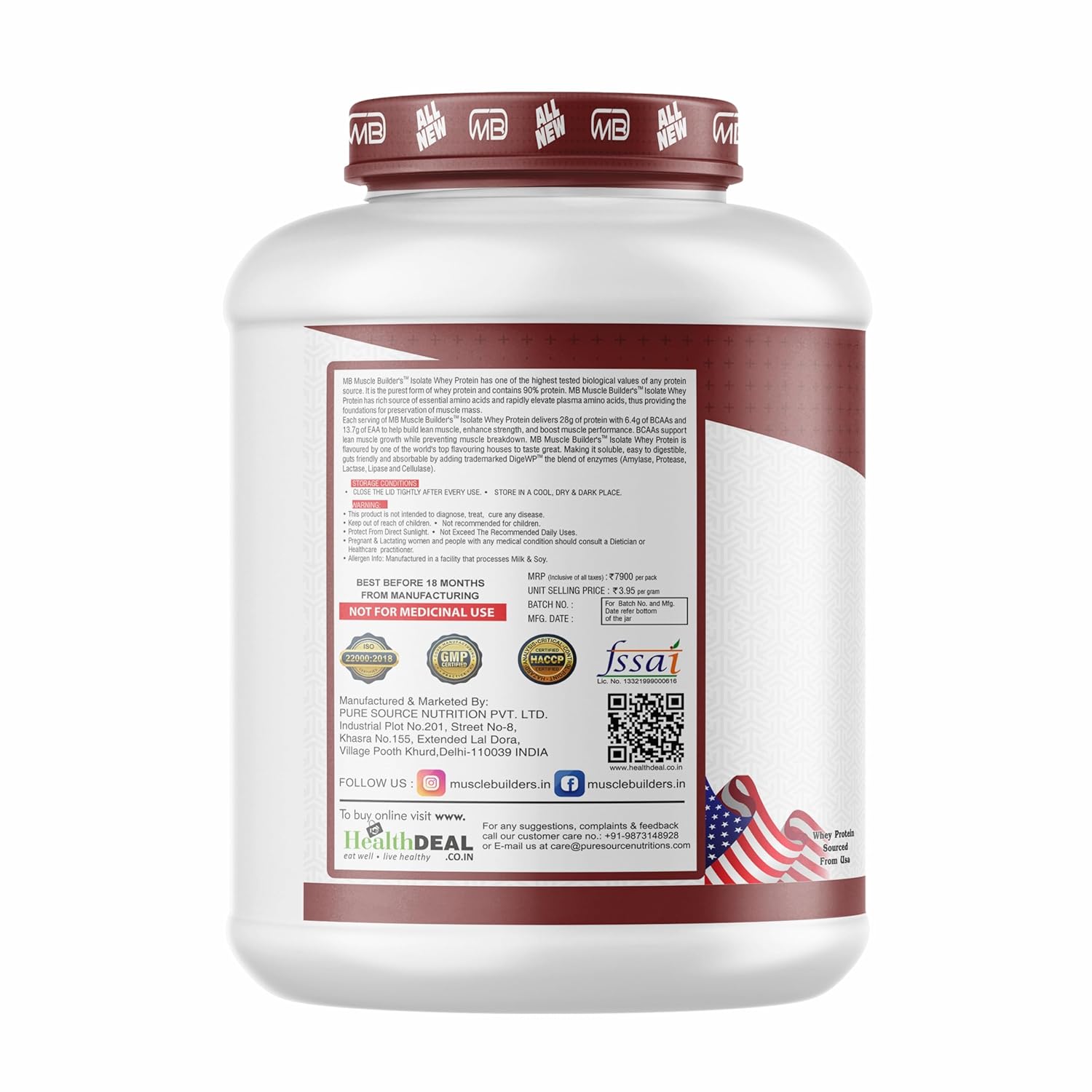 MB Muscle Builder 100% Isolate Whey Protein Powder With High Protein, BCAA And Digestive Enzyme - 4.4Lbs (Chocolate)