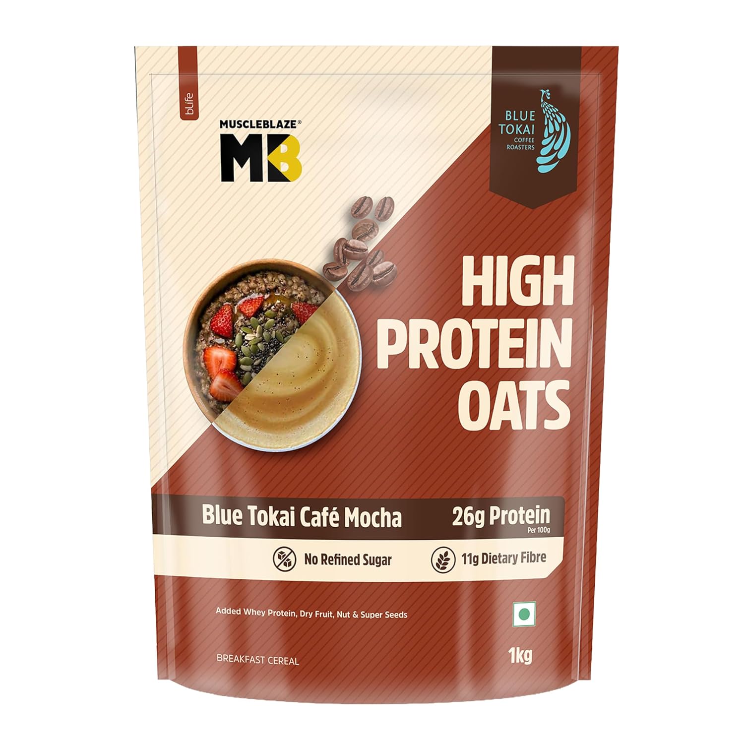 MuscleBlaze High Protein Oats (Blue Tokai Cafe Mocha, 1kg) | 26g Protein | Breakfast Cereals for Weight Management