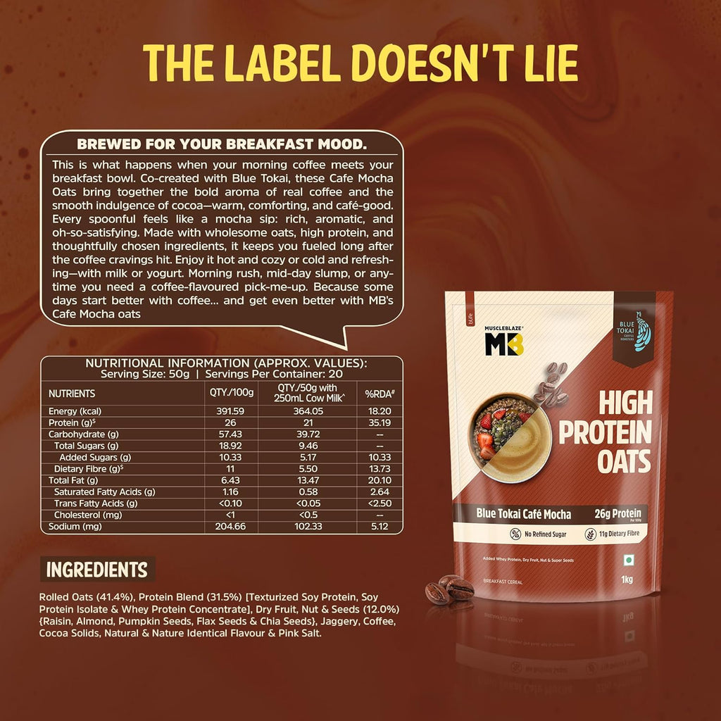 MuscleBlaze High Protein Oats (Blue Tokai Cafe Mocha, 1kg) | 26g Protein | Breakfast Cereals for Weight Management