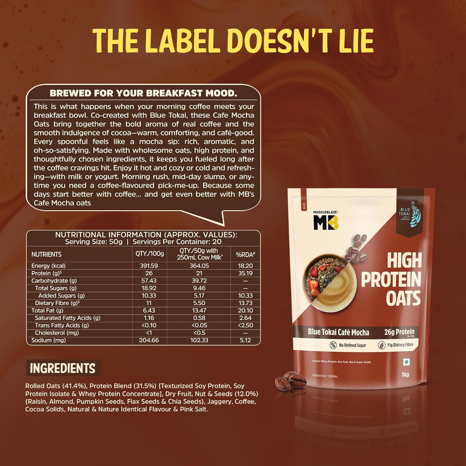 MuscleBlaze High Protein Oats (Blue Tokai Cafe Mocha, 1kg) | 26g Protein | Breakfast Cereals for Weight Management