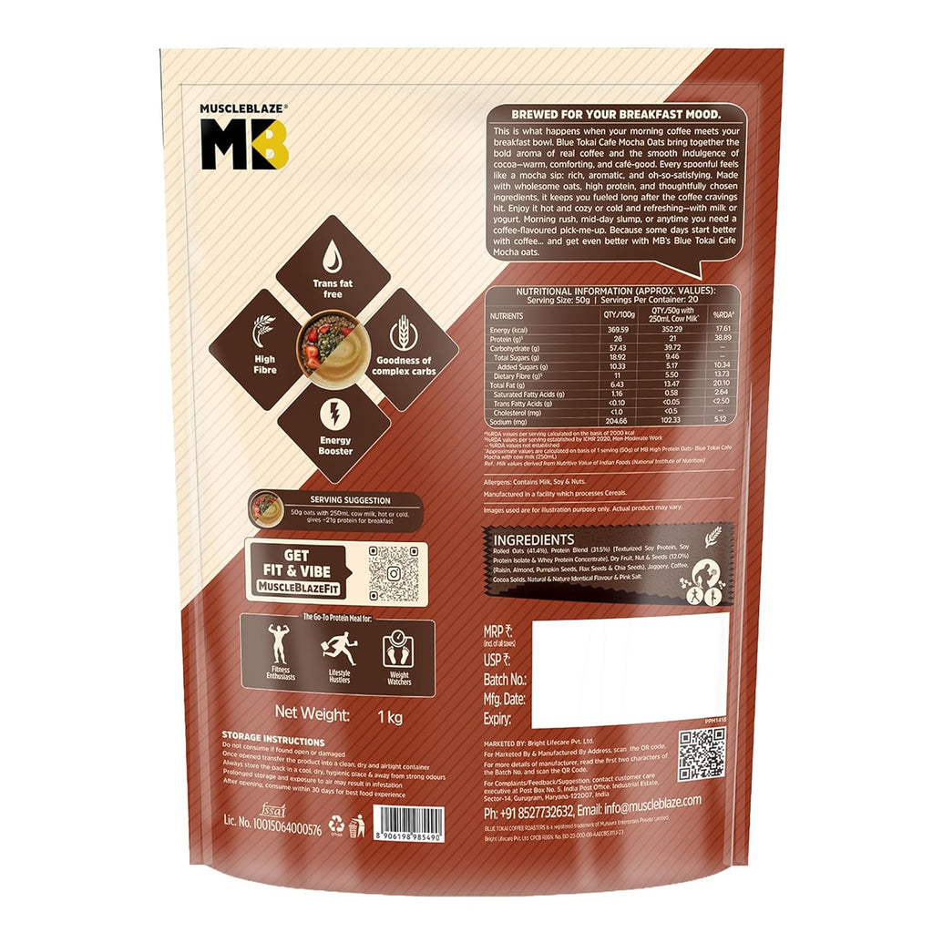 MuscleBlaze High Protein Oats (Blue Tokai Cafe Mocha, 1kg) | 26g Protein | Breakfast Cereals for Weight Management