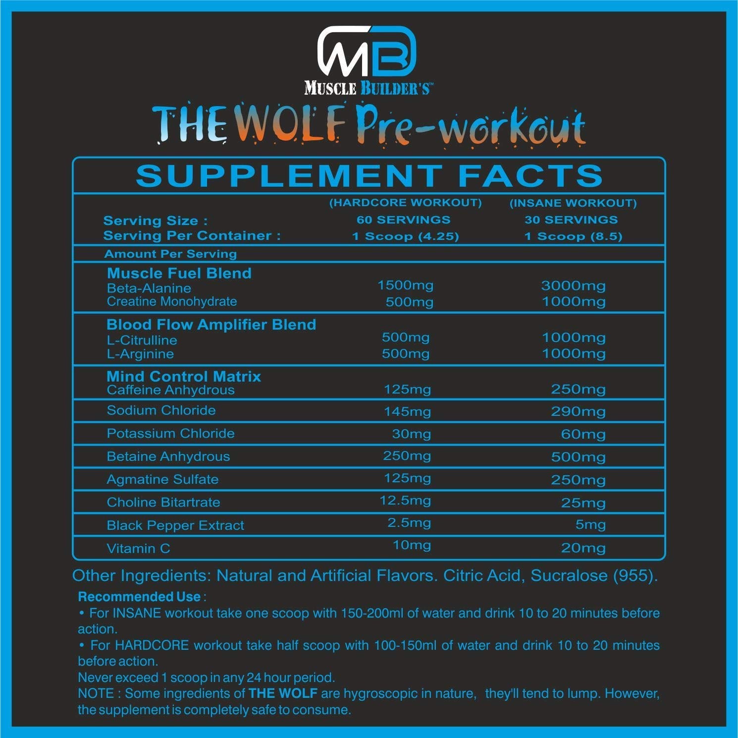M B Muscle Builder's The Wolf Pre Workout Gym Supplement to Boost Your Energy & Performance/Body Building Powder for Men & Women [30-60 Servings, Pina Colada, 255g]