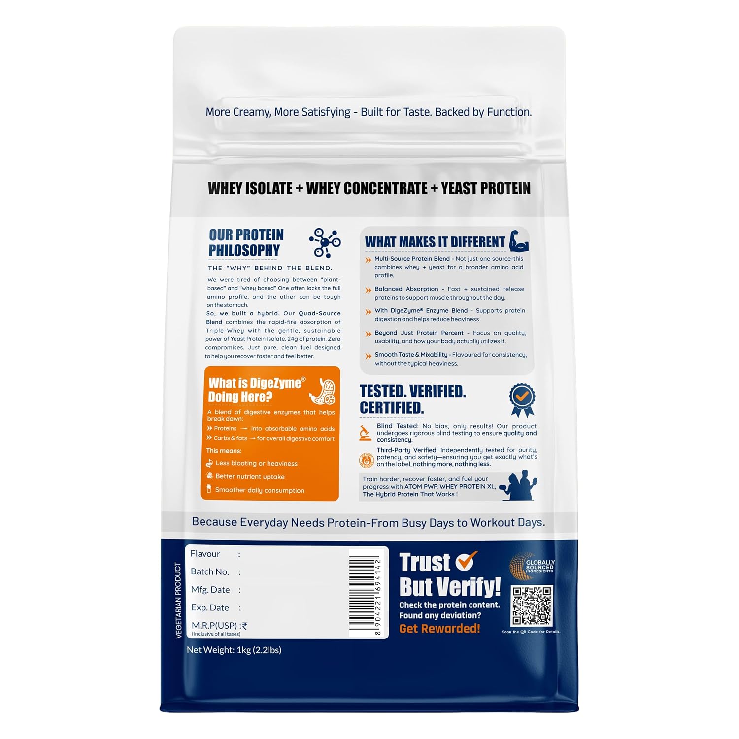 AS-IT-IS ATOM PWR Whey XL - Powered with Fermented Yeast Protein Isolate, 24g Protein, with DigeZyme®, Easy Digest, Lean Muscle Gains & Strength, Rapid Recovery, 1kg Double Rich Chocolate