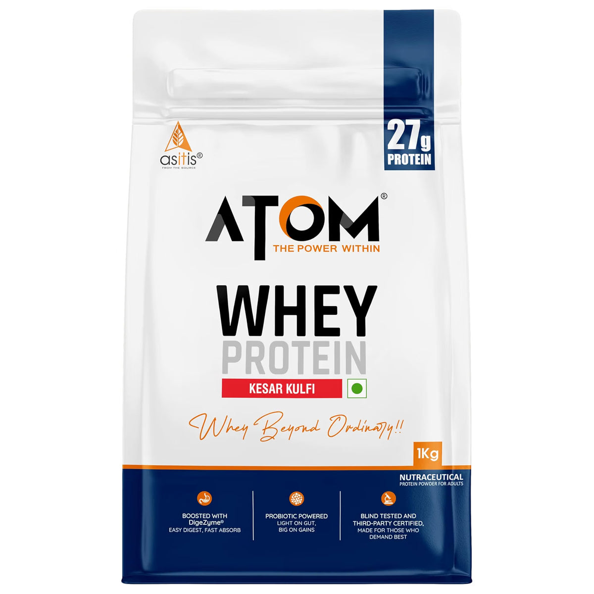 AS-IT-IS ATOM Whey Protein 1kg | 27g protein | Isolate & Concentrate | Kesar Kulfi | USA Labdoor Certified | With Digestive Enzymes for better absorption