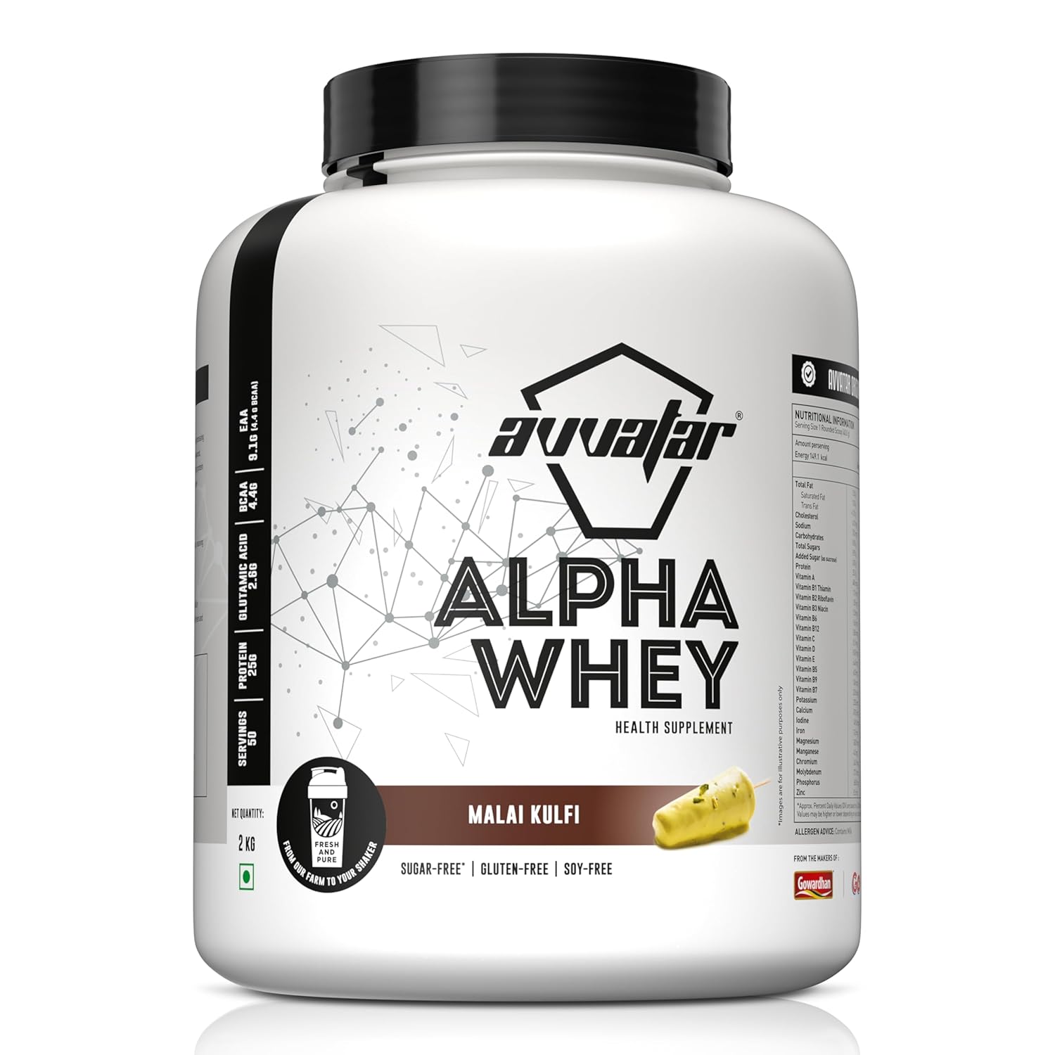avvatar ALPHA WHEY PROTEIN | 2Kg | Malai Kulfi Flavour | 25g Protein | 50 Servings