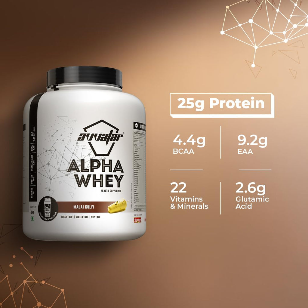 avvatar ALPHA WHEY PROTEIN | 2Kg | Malai Kulfi Flavour | 25g Protein | 50 Servings