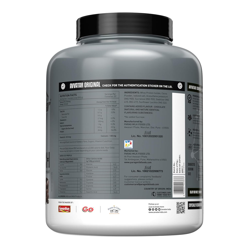 avvatar ISORICH WHEY PROTEIN | 2Kg | Belgian Chocolate Flavour | 28g Protein | 57 Servings | Isolate