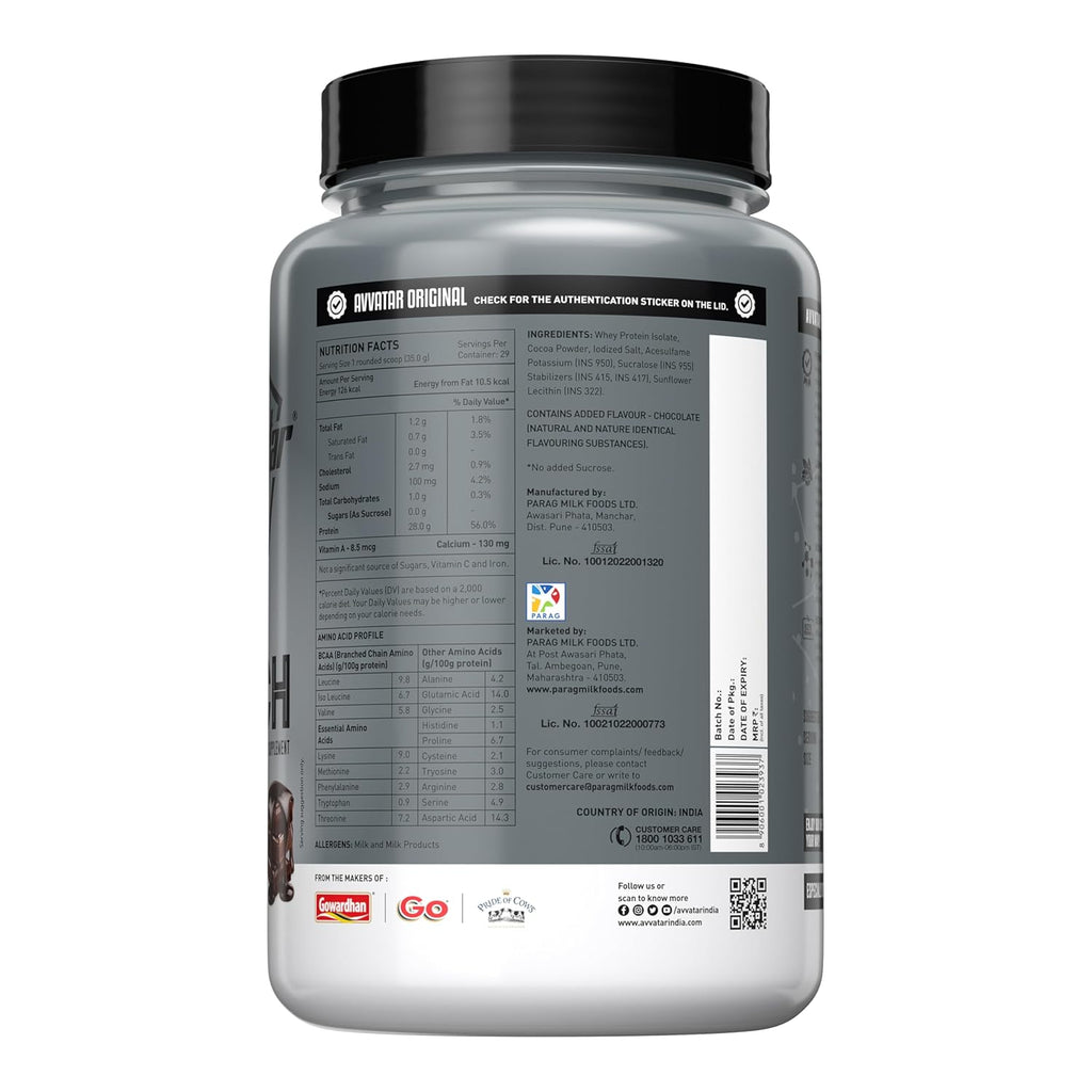 avvatar ISORICH WHEY PROTEIN | 1Kg | Belgian Chocolate Flavour | 28g Protein | 29 Servings | Isolate