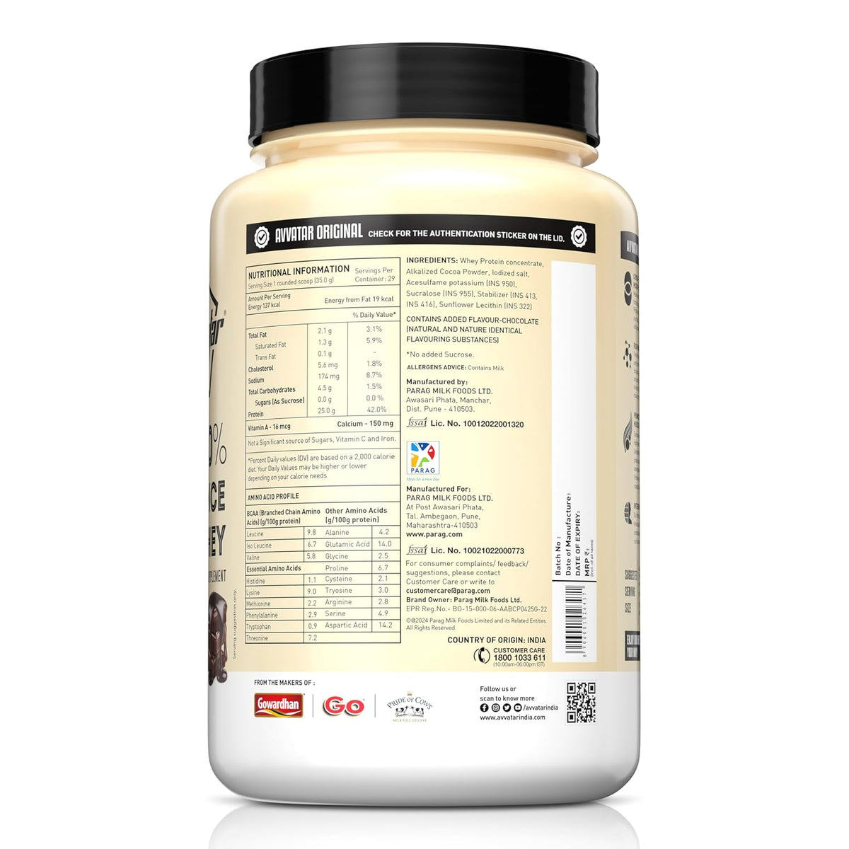 avvatar PERFORMANCE WHEY PROTEIN | 1Kg | Belgian Chocolate Flavour | 25g Protein | 29 Servings