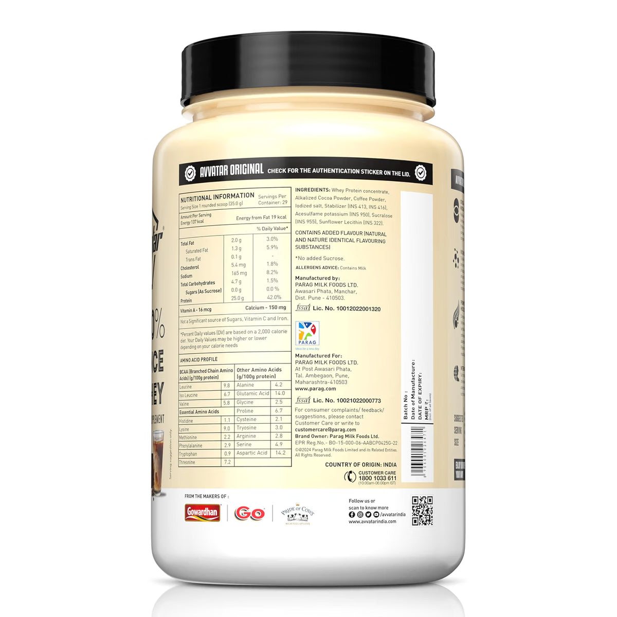avvatar PERFORMANCE WHEY PROTEIN | 1Kg | Cold Coffee Flavour | 25g Protein | 29 Servings