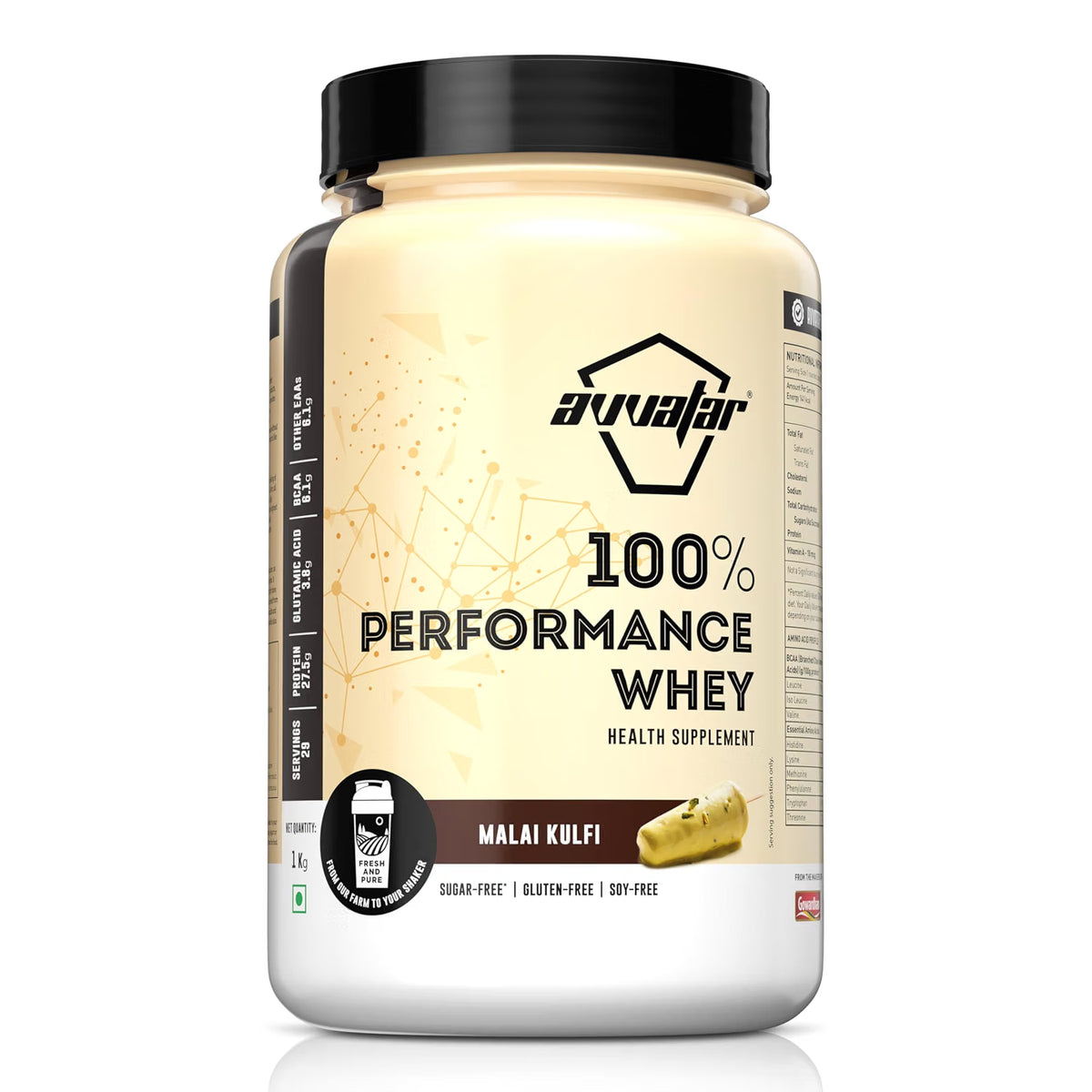 avvatar PERFORMANCE WHEY PROTEIN | 1Kg | Malai Kulfi Flavour I 27.5g Protein | 29 Servings
