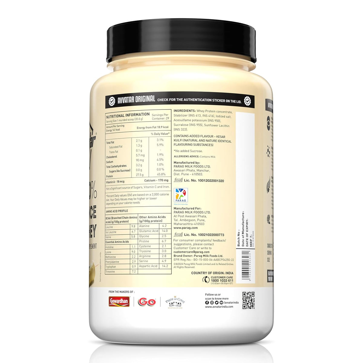 avvatar PERFORMANCE WHEY PROTEIN | 1Kg | Malai Kulfi Flavour I 27.5g Protein | 29 Servings