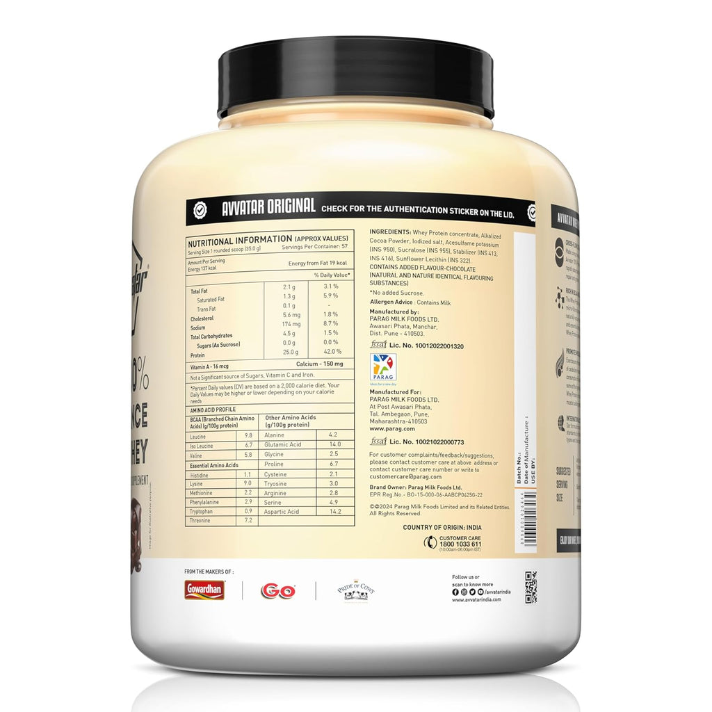 avvatar PERFORMANCE WHEY PROTEIN | 2Kg | Belgian Chocolate Flavour | 25g Protein | 57 Servings