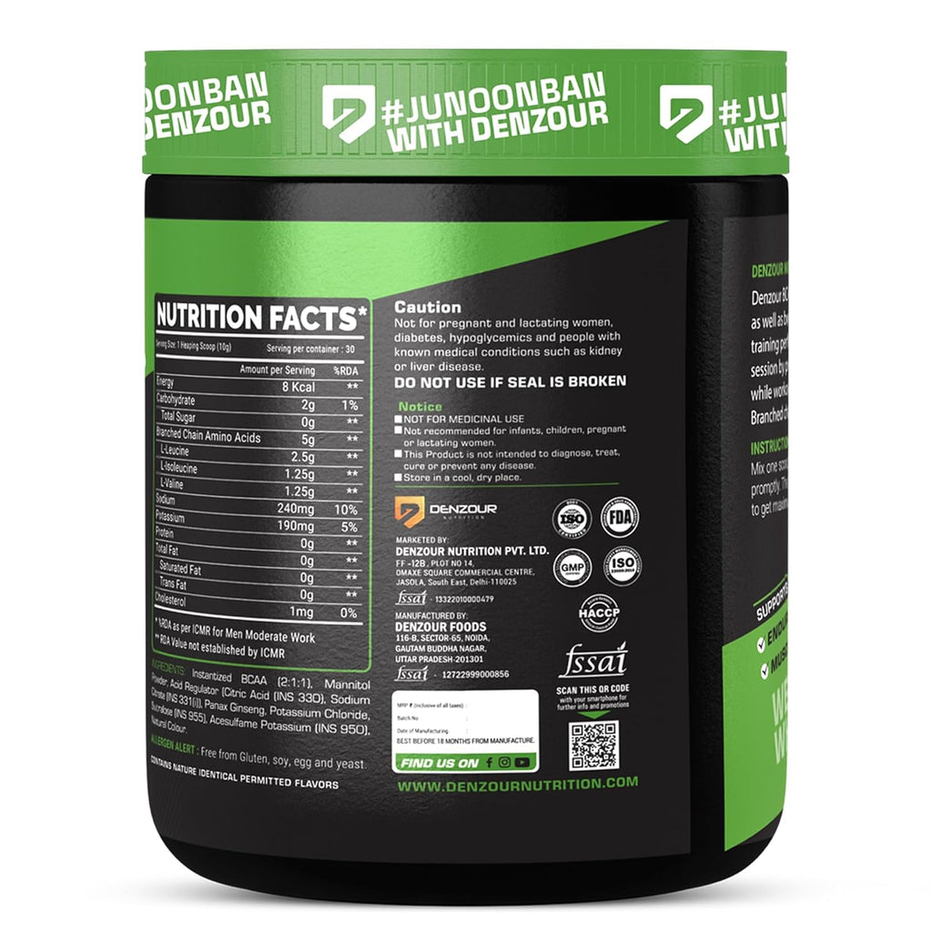 DENZOUR NUTRITION BCAA Muscle Recovery Drink with 5000mg BCAA, 2500mg Leucine | Support training, Encourage Muscle Geowth Pre/Post & Intra Workout Supplement- Watermelon Flavour, 300g (30 Servings)