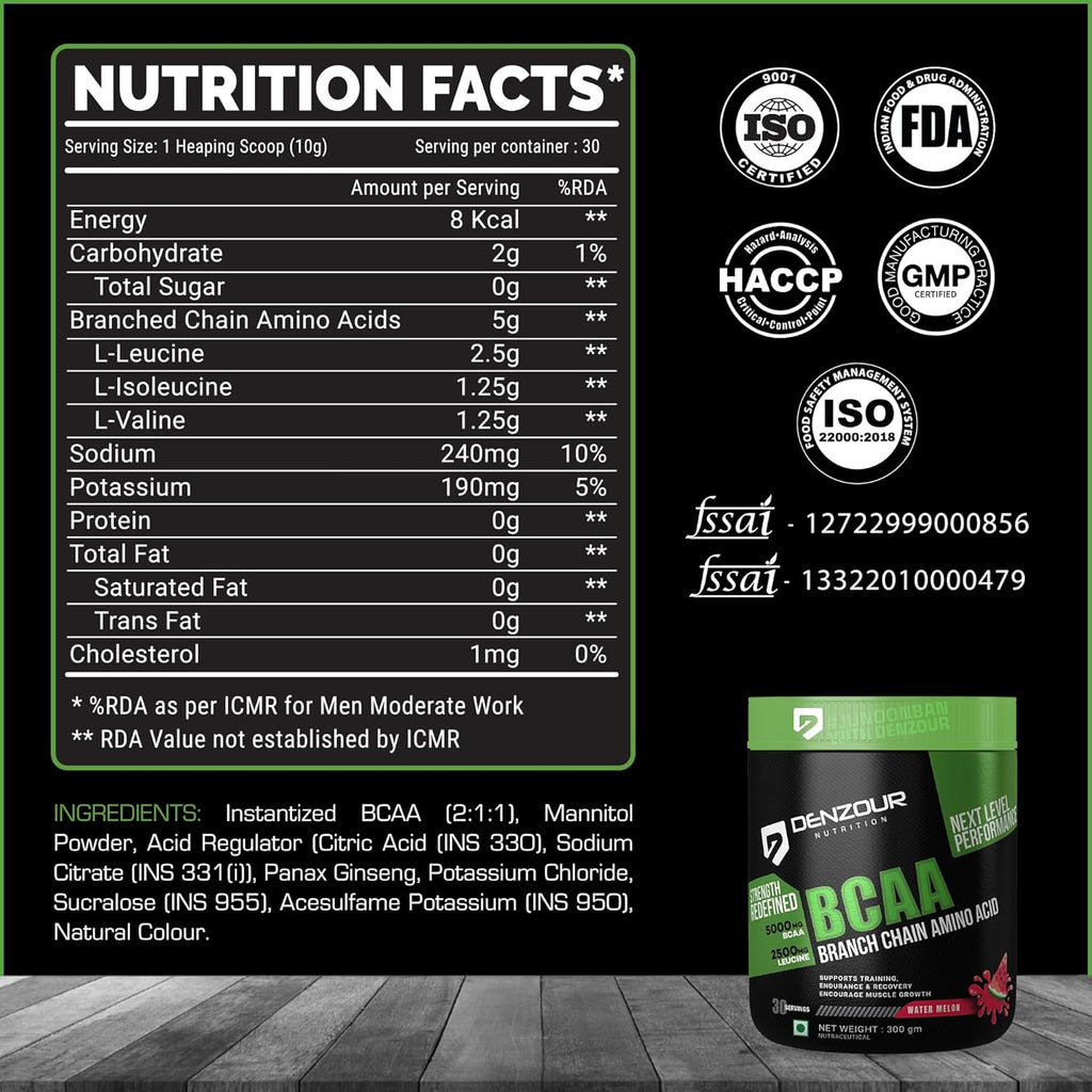 DENZOUR NUTRITION BCAA Muscle Recovery Drink with 5000mg BCAA, 2500mg Leucine | Support training, Encourage Muscle Geowth Pre/Post & Intra Workout Supplement- Watermelon Flavour, 300g (30 Servings)