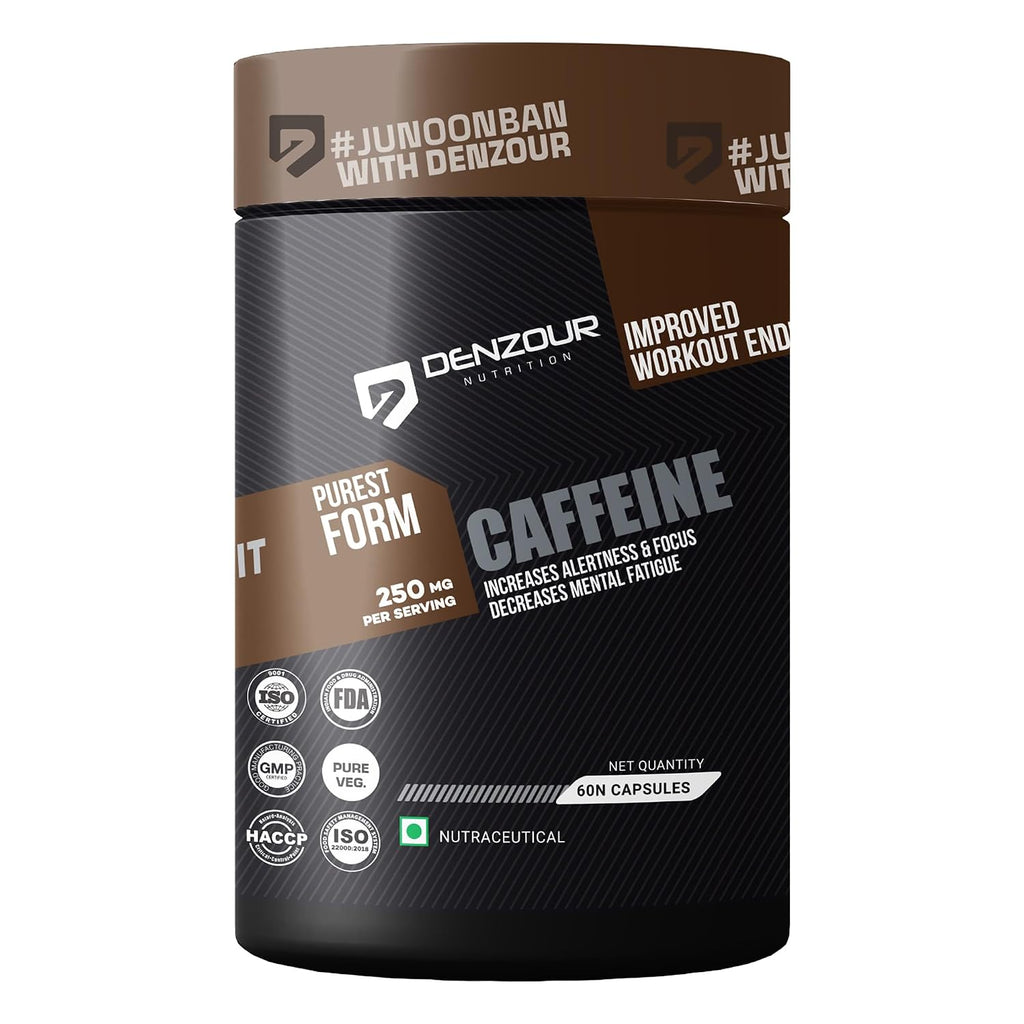 DENZOUR NUTRITION Caffeine 250mg Capsules Per Serving | Help Increased Alertness and Focus, Boosted Energy Levels, Fatigue Reduction, Metabolic Boost- 60 Capsules (60 SERVINGS)