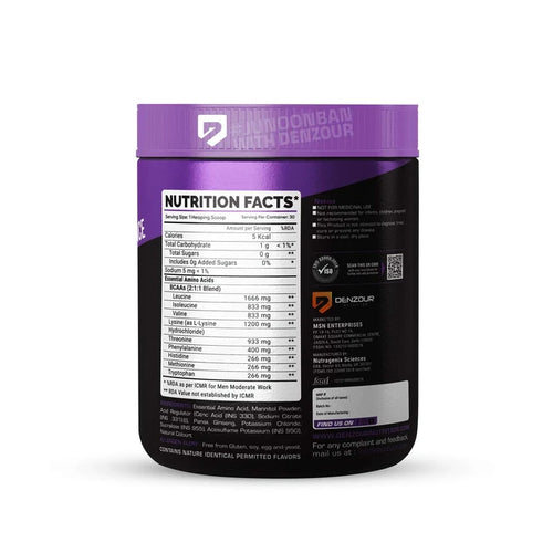 DENZOUR NUTRITION EAA Powder (Blueberry) | Sugar Free Intra/Post Workout Drink | 6600mg EAA & 3300mg BCAA | 2:1:1 Ratio | All 9 Essential Amino Acids | Supports Muscle Recovery, Hydration & Strength | 300g (30 Servings)