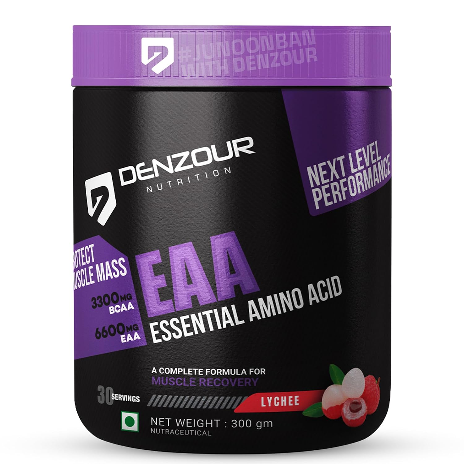 DENZOUR NUTRITION EAA Powder (Lychee) | Sugar Free Intra/Post Workout Drink | 6600mg EAA & 3300mg BCAA | 2:1:1 Ratio | All 9 Essential Amino Acids | Supports Muscle Recovery, Hydration & Strength | 300g (30 Servings)