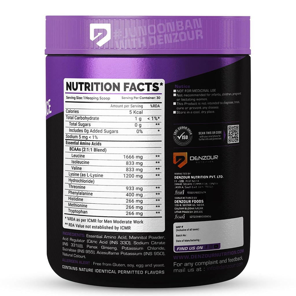 DENZOUR NUTRITION EAA Powder (Lychee) | Sugar Free Intra/Post Workout Drink | 6600mg EAA & 3300mg BCAA | 2:1:1 Ratio | All 9 Essential Amino Acids | Supports Muscle Recovery, Hydration & Strength | 300g (30 Servings)