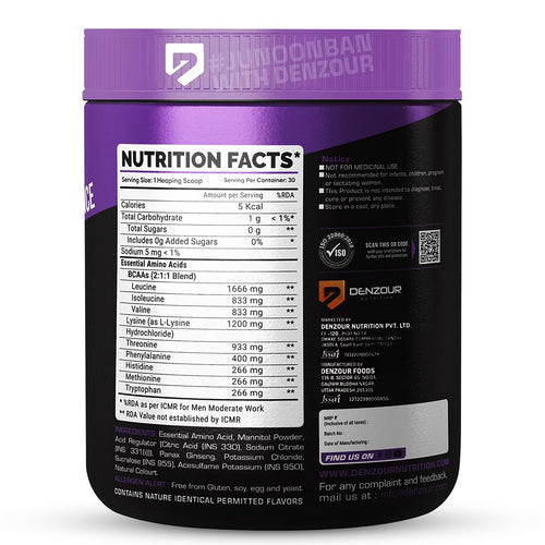 DENZOUR NUTRITION EAA Powder (Watermelon) | Sugar Free Intra/Post Workout Drink | 6600mg EAA & 3300mg BCAA | 2:1:1 Ratio | All 9 Essential Amino Acids | Supports Muscle Recovery & Hydration | 300g (30 Servings)