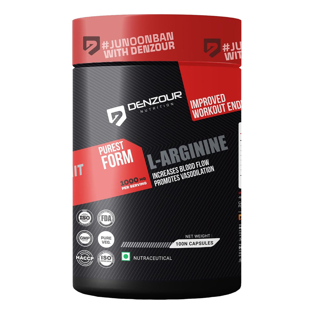 DENZOUR NUTRITION L-Arginine 1000mg Supplement Per Serving | Enhanced Blood Flow, Muscles Pump And and Improved Overall Performance During Workouts- Pack of 100N Capsules (50 SERVINGS)