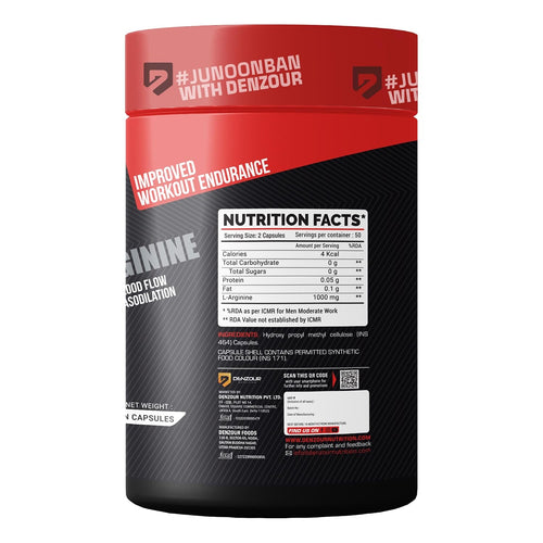 DENZOUR NUTRITION L-Arginine 1000mg Supplement Per Serving | Enhanced Blood Flow, Muscles Pump And and Improved Overall Performance During Workouts- Pack of 100N Capsules (50 SERVINGS)