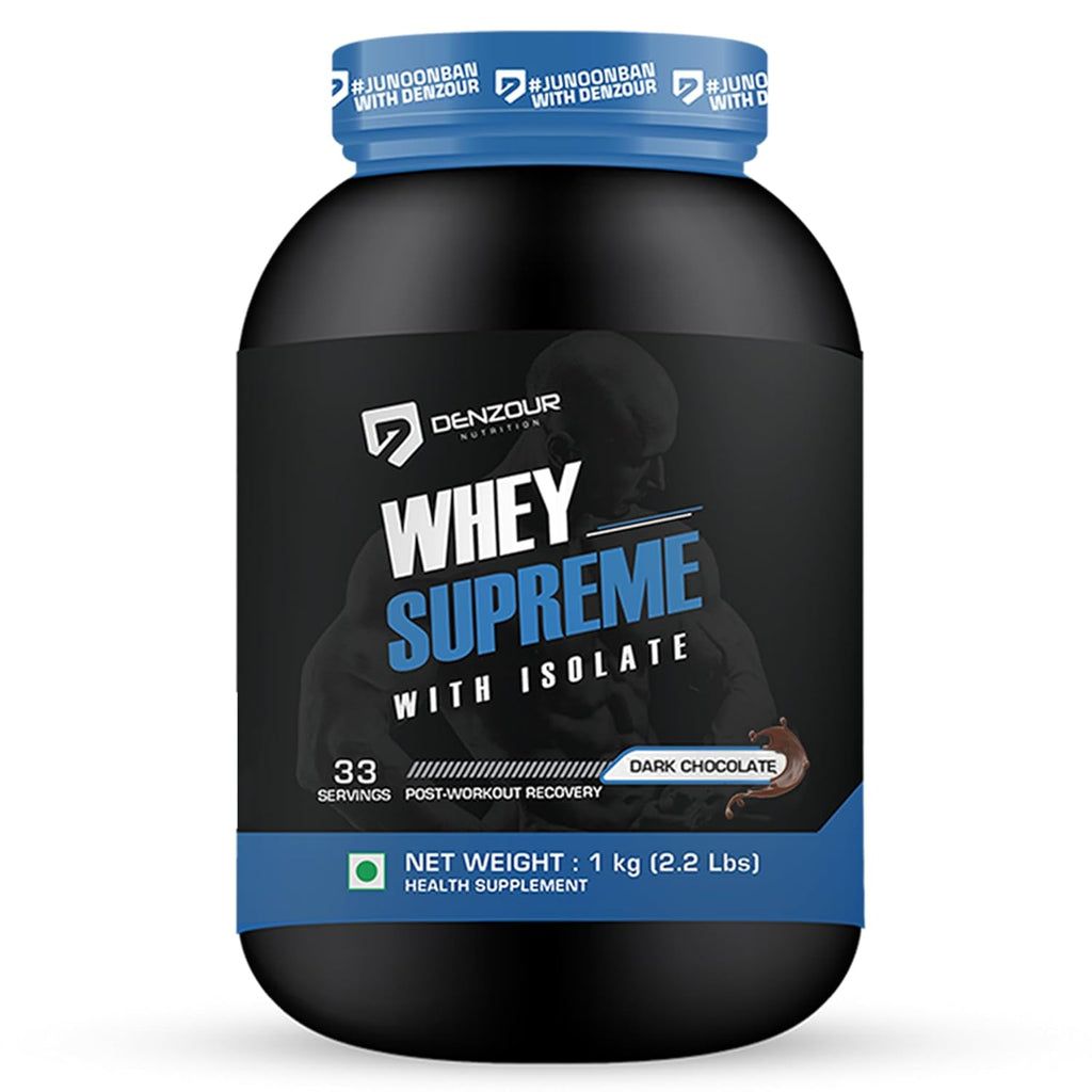 DENZOUR NUTRITION Whey Protein Supreme | Easy Digesting Muscle Recovery, Muscle Growth & Improved Strength | 25gm Protein, 5.5g BCAA Per SCOOP, Dark Chocolate- 1Kg/2.2 lbs (30 Servings)