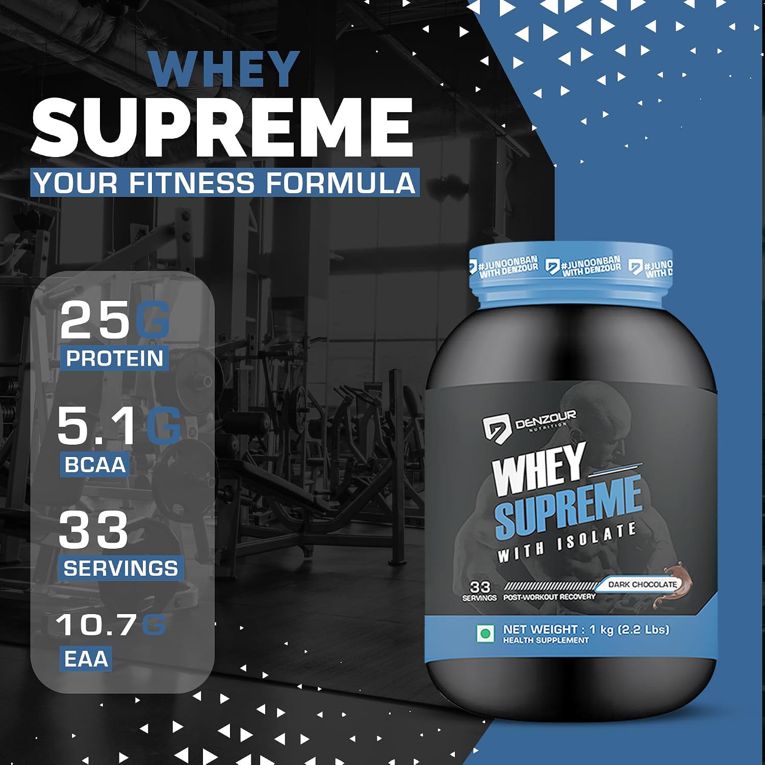 DENZOUR NUTRITION Whey Protein Supreme | Easy Digesting Muscle Recovery, Muscle Growth & Improved Strength | 25gm Protein, 5.5g BCAA Per SCOOP, Dark Chocolate- 1Kg/2.2 lbs (30 Servings)
