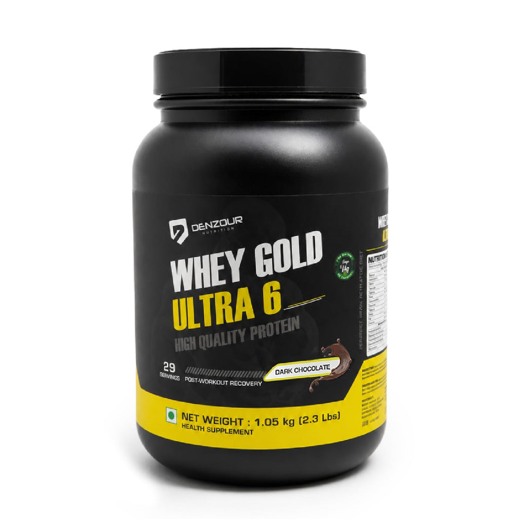 DENZOUR NUTRITION Whey Gold Ultra 6 Starter With 24g Protein | Support Muscle Growth And Maintain A Lean Physique- Dark Chocolate Flavour, 1.05 Kg/2.3 lbs (29 Servings)