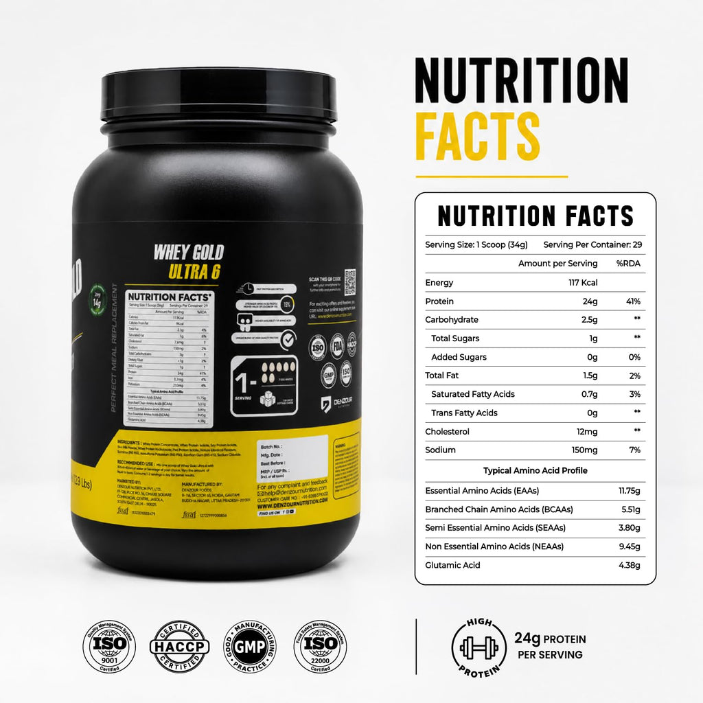 DENZOUR NUTRITION Whey Gold Ultra 6 Starter With 24g Protein | Support Muscle Growth And Maintain A Lean Physique- Dark Chocolate Flavour, 1.05 Kg/2.3 lbs (29 Servings)