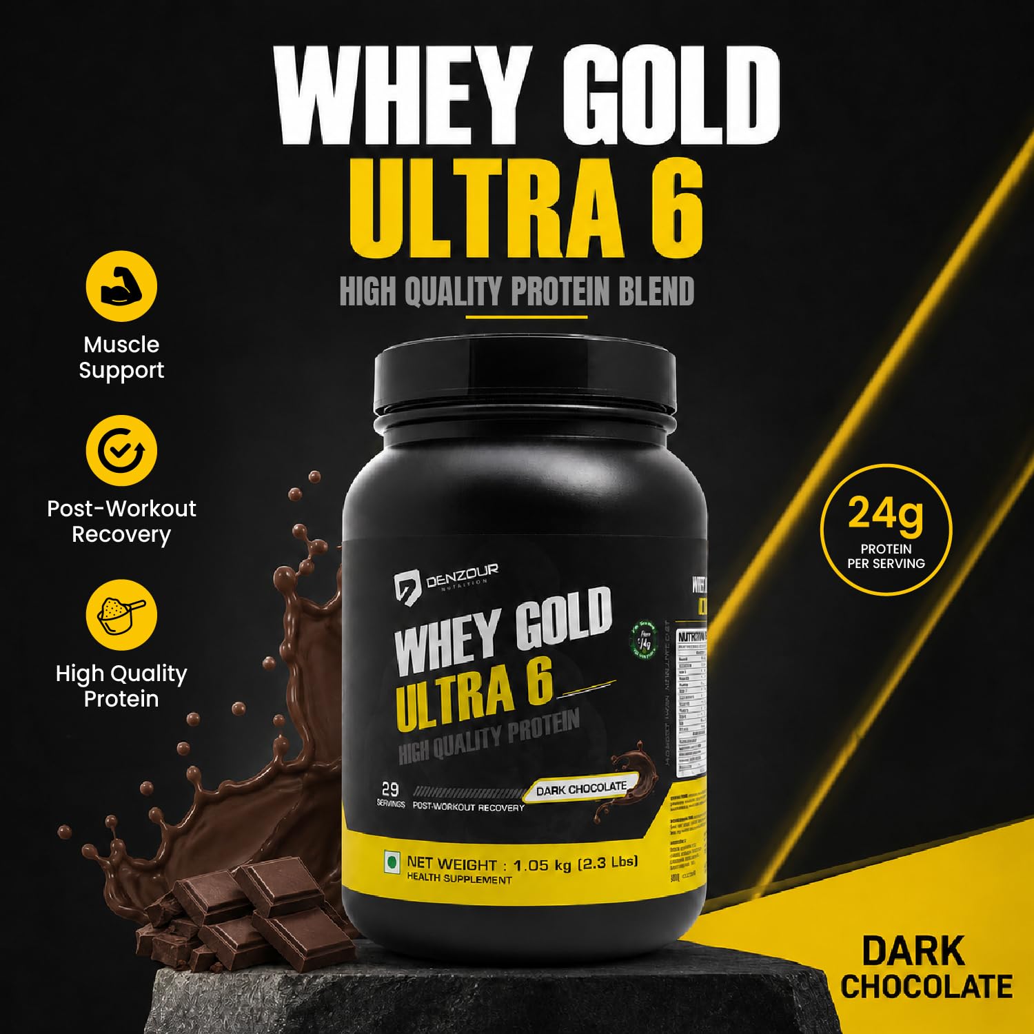DENZOUR NUTRITION Whey Gold Ultra 6 Starter With 24g Protein | Support Muscle Growth And Maintain A Lean Physique- Dark Chocolate Flavour, 1.05 Kg/2.3 lbs (29 Servings)