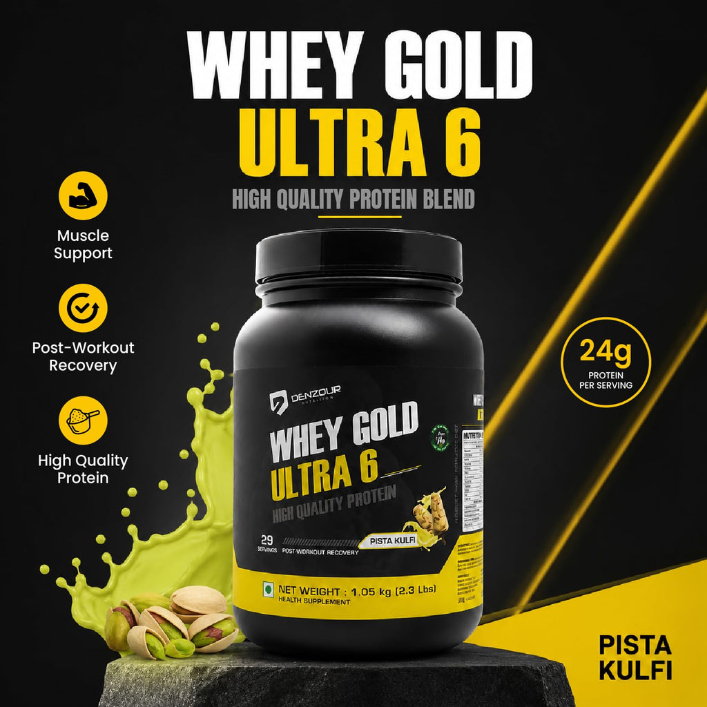 DENZOUR NUTRITION Whey Gold Ultra 6 Starter With 24g Protein | Support Muscle Growth And Maintain A Lean Physique- Pista Kulfi Flavour, 1.05 Kg/2.3 lbs (29 Servings)