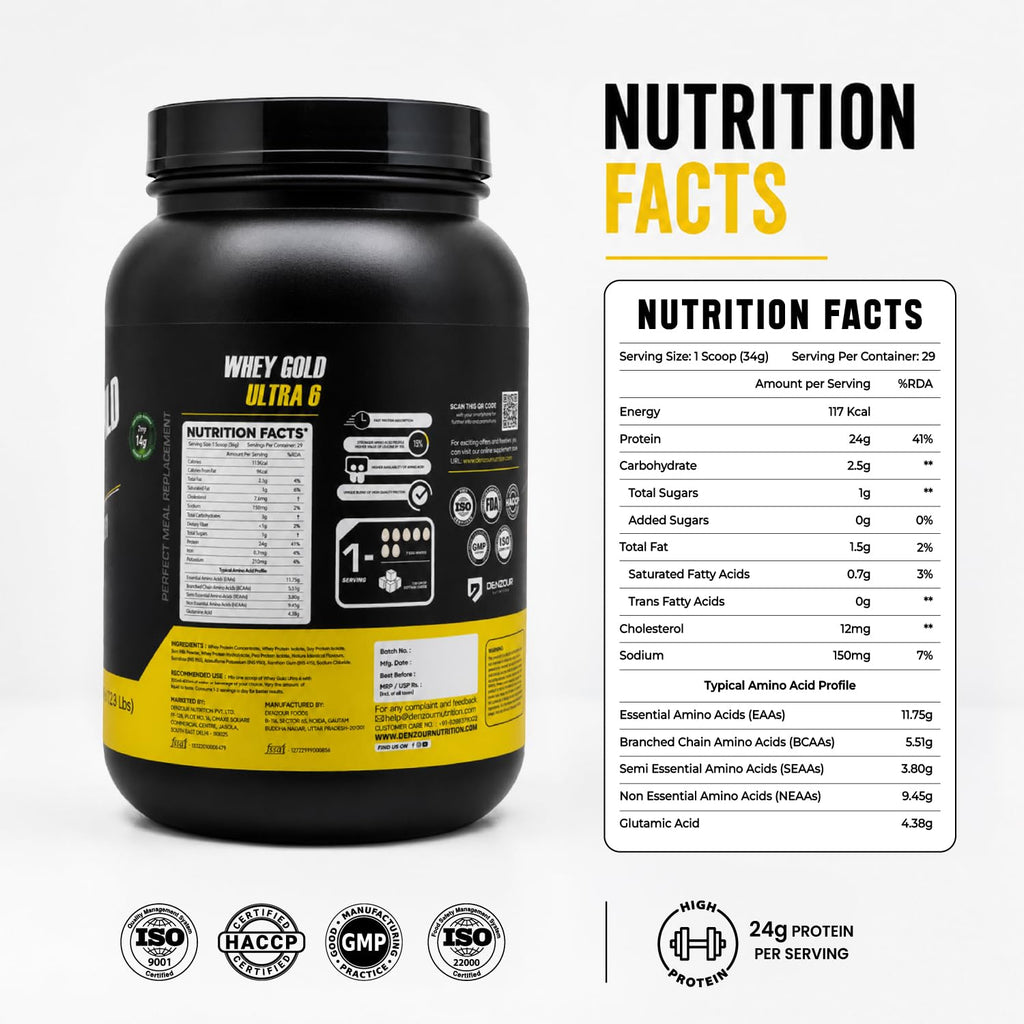DENZOUR NUTRITION Whey Gold Ultra 6 Starter With 24g Protein | Support Muscle Growth And Maintain A Lean Physique- Pista Kulfi Flavour, 1.05 Kg/2.3 lbs (29 Servings)