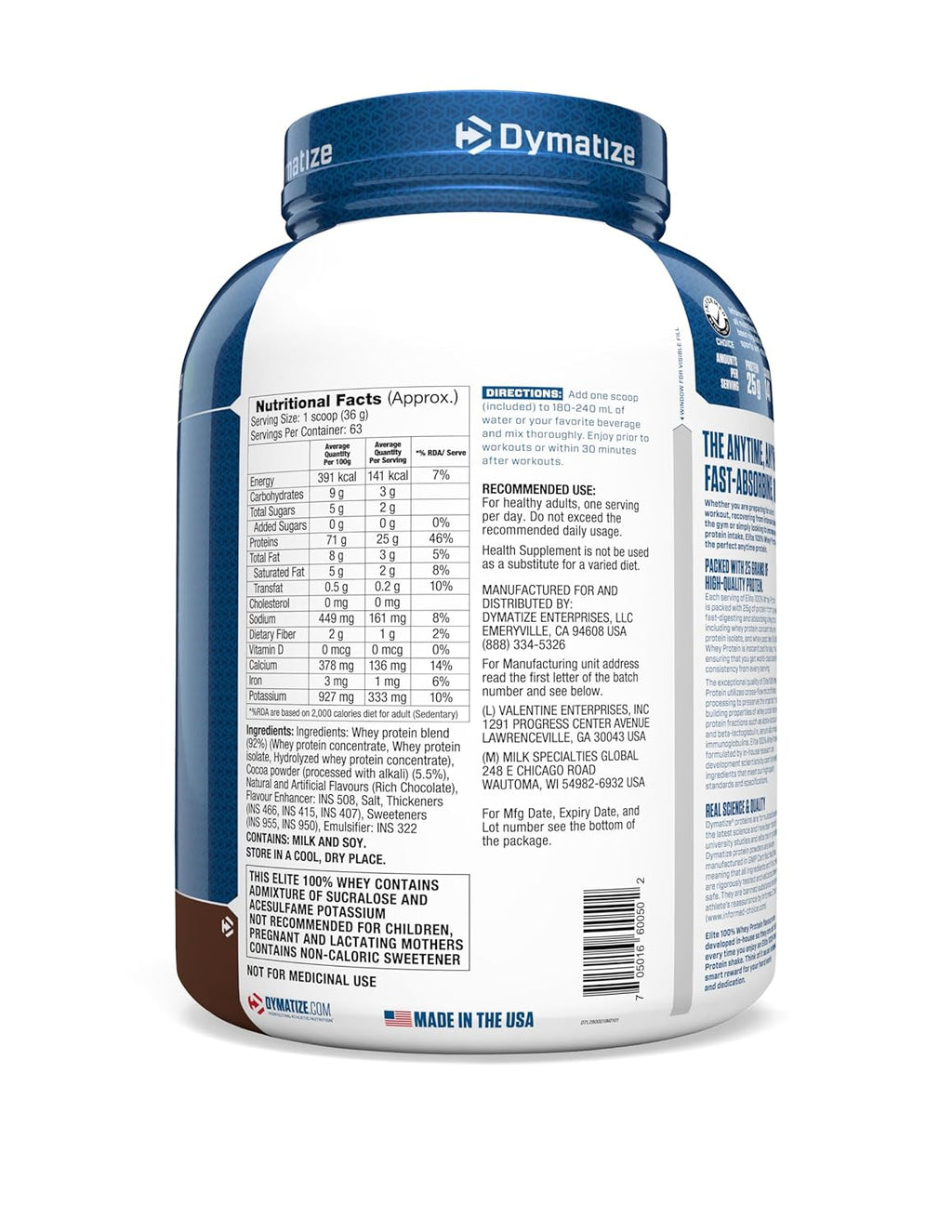 Dymatize Nutrition Elite 100% Whey Protein | Muscle Recovery | 25g Protein, 5.5g BCAA | Fast-Absorbing Protein | Gluten-Free | Blend with BCAAs & Glutamine | Rich Chocolate | 5 Lbs