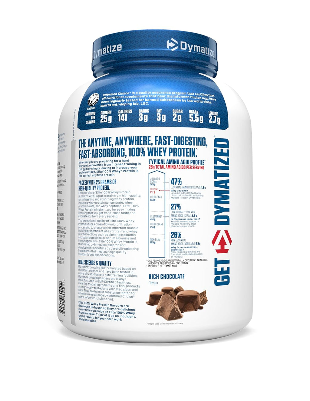 Dymatize Nutrition Elite 100% Whey Protein | Muscle Recovery | 25g Protein, 5.5g BCAA | Fast-Absorbing Protein | Gluten-Free | Blend with BCAAs & Glutamine | Rich Chocolate | 5 Lbs