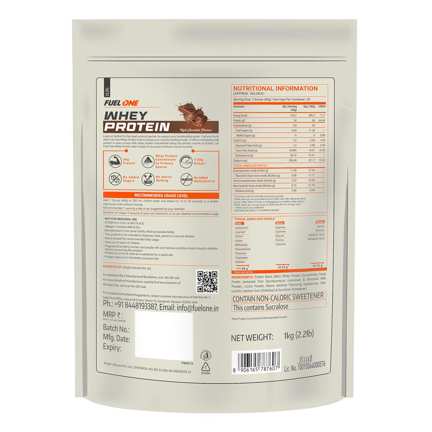 FUELONE Whey Protein (Rich Chocolate, 1kg / 2.2lbs) | 24g Protein