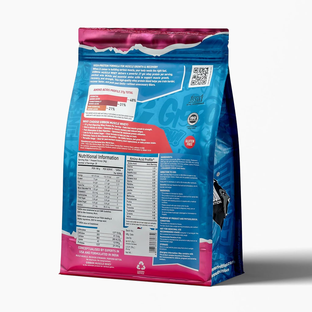 Gibbon Muscle Whey | Pro Series Formula | Nutraceutical with no Amino Spiking | 60 Servings (1 Kg, Strawberry Cheesecake)