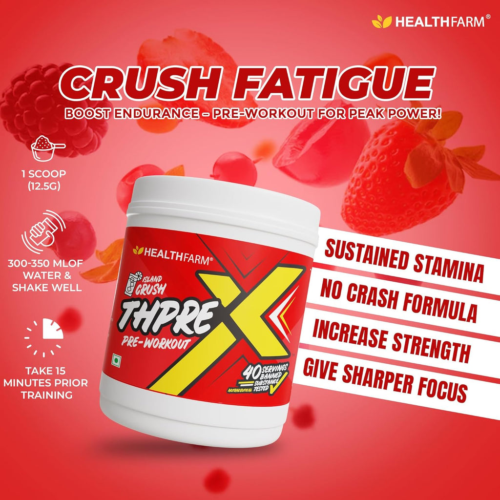Healthfarm Thpre X Pre Workout Powder| Sports Nutrition Supplement for Men & Women - For Working Out, Hydration, Mental Focus & Energy - 40 Servings (500G, Island Crush)