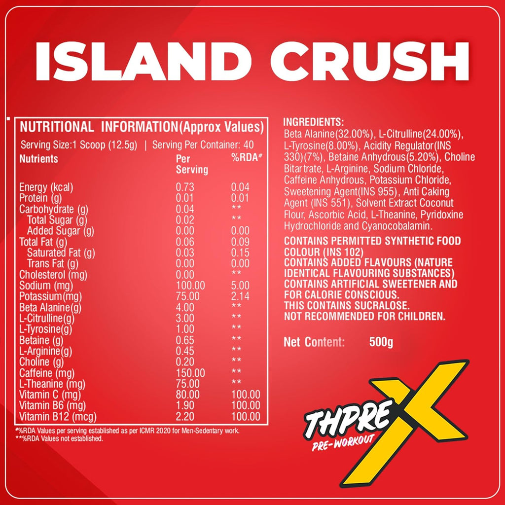 Healthfarm Thpre X Pre Workout Powder| Sports Nutrition Supplement for Men & Women - For Working Out, Hydration, Mental Focus & Energy - 40 Servings (500G, Island Crush)