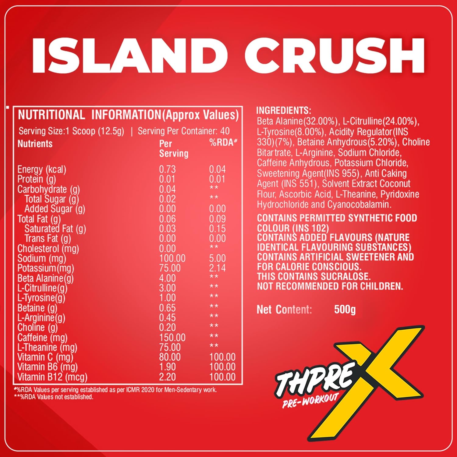Healthfarm Thpre X Pre Workout Powder| Sports Nutrition Supplement for Men & Women - For Working Out, Hydration, Mental Focus & Energy - 40 Servings (500G, Island Crush)