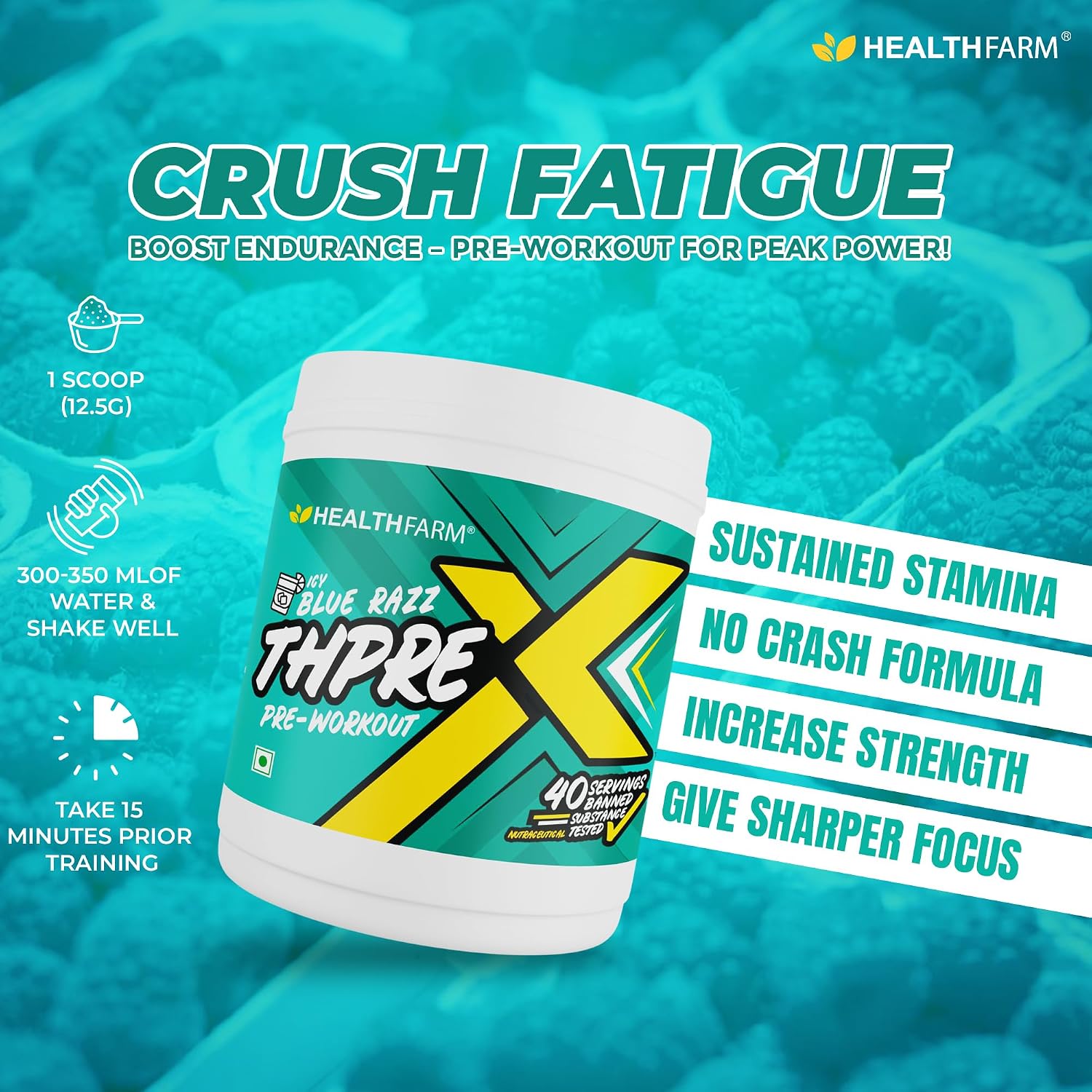 Healthfarm Thpre X Pre Workout Powder| Sports Nutrition Supplement for Men & Women - For Working Out, Hydration, Mental Focus & Energy - 40 Servings (500G, Icy Blue Razz)