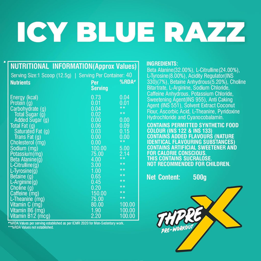 Healthfarm Thpre X Pre Workout Powder| Sports Nutrition Supplement for Men & Women - For Working Out, Hydration, Mental Focus & Energy - 40 Servings (500G, Icy Blue Razz)