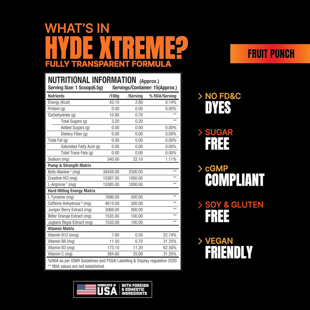Hyde Xtreme - Hard Hitting Energy Pre Workout Supplement | Caffeine, Beta-alanine, Creatine HCl, L-arginine | For Muscle Pump, Vascularity, Strength and Focus | 15 servings (Fruit Punch)